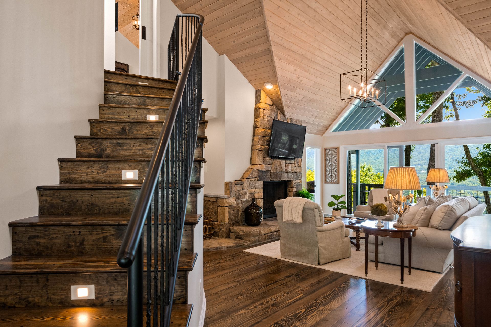 Hardwood Flooring 6 A living room with Atlanta hardwood flooring and a staircase.