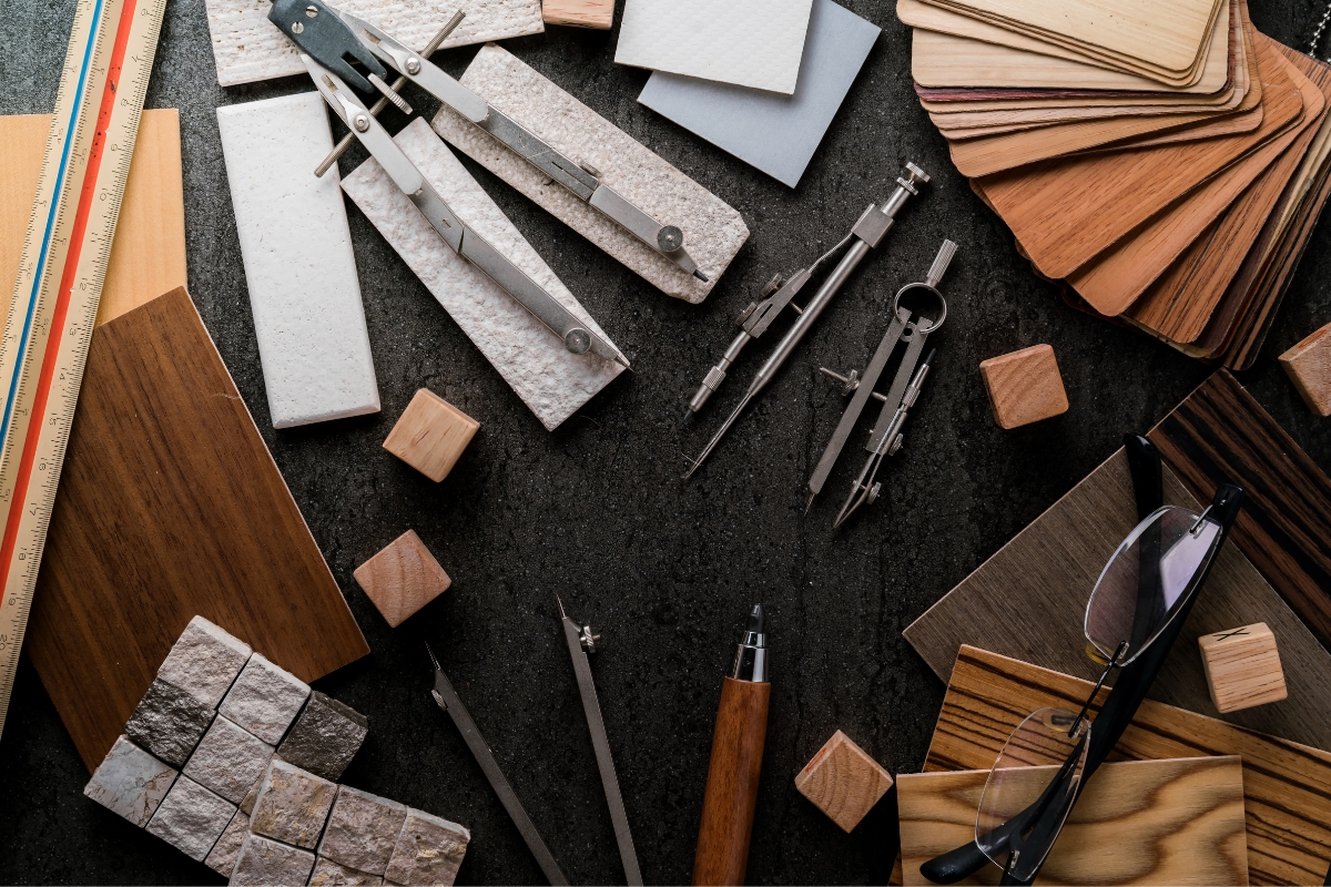 A variety of woodworking tools and supplies for hardwood flooring.
