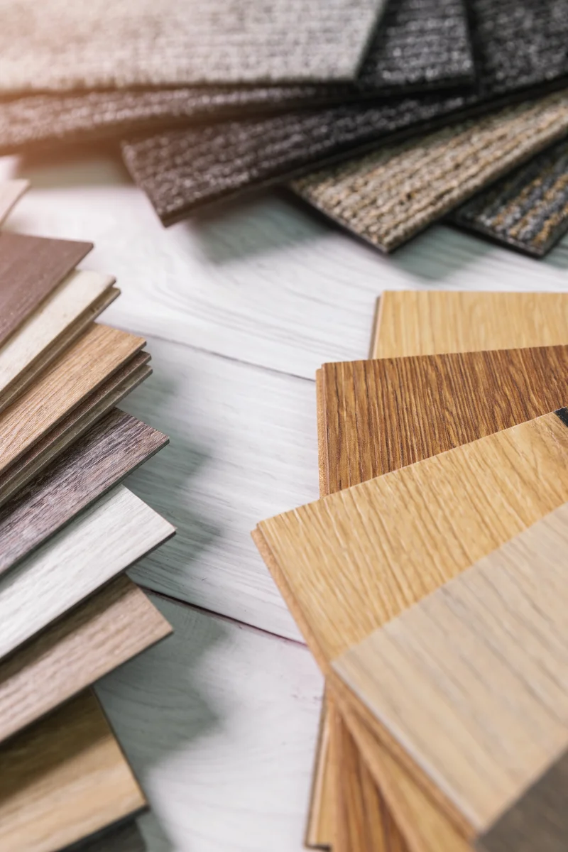 A variety of wood flooring samples on a table from Buckhead Flooring Company.