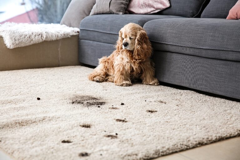 A dog with curly fur sits on a light-colored carpet that has muddy paw prints and dirt stains near a gray sofa, highlighting the need for pet safe flooring.