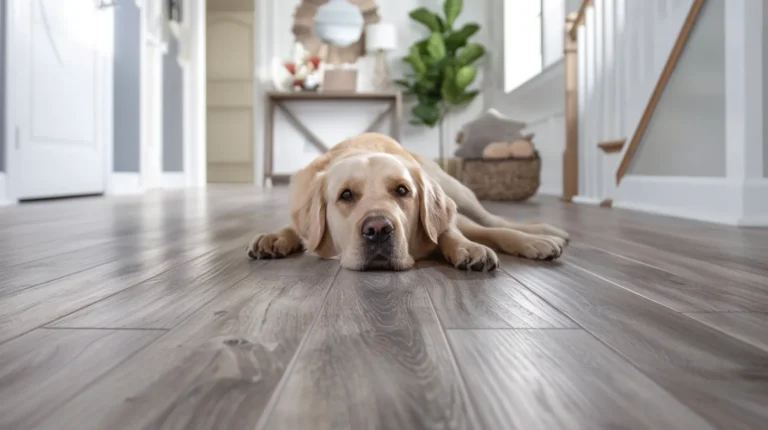 dog on vinyl flooring in house