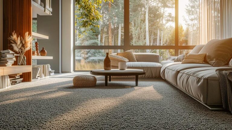 a cozy living room adorned with a richly textured, plush carpet in warm hues, illuminated by soft, natural light streaming through large windows, inviting warmth and comfort into the space.