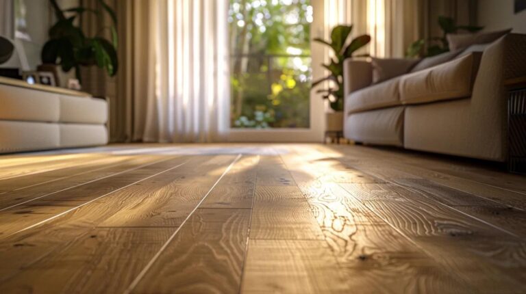 a beautifully lit living room showcases the rich texture and natural warmth of hand scraped hardwood flooring, exuding elegance and homeliness with soft shadows dancing across the surface.