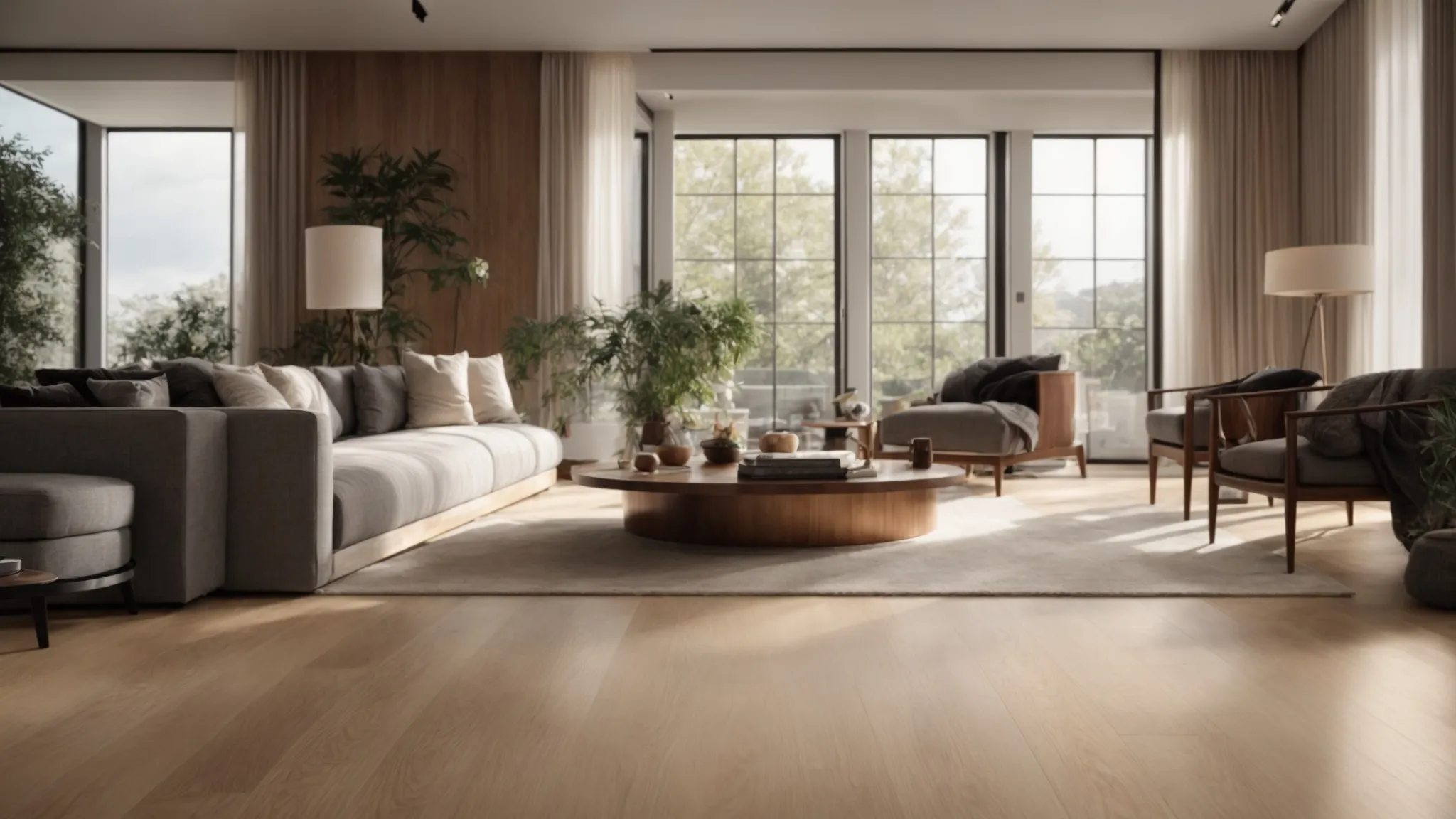 a warm, inviting living room showcases stunning hardwood floors, gleaming under soft natural light, with rich textures and a cozy ambiance that highlights the elegance and timeless appeal of this flooring choice.