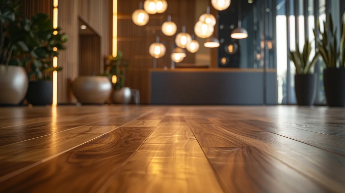 a modern interior showcases a beautifully installed hardwood floor with rich, varied grain patterns, illuminated by sleek pendant lights that create a warm, inviting atmosphere.