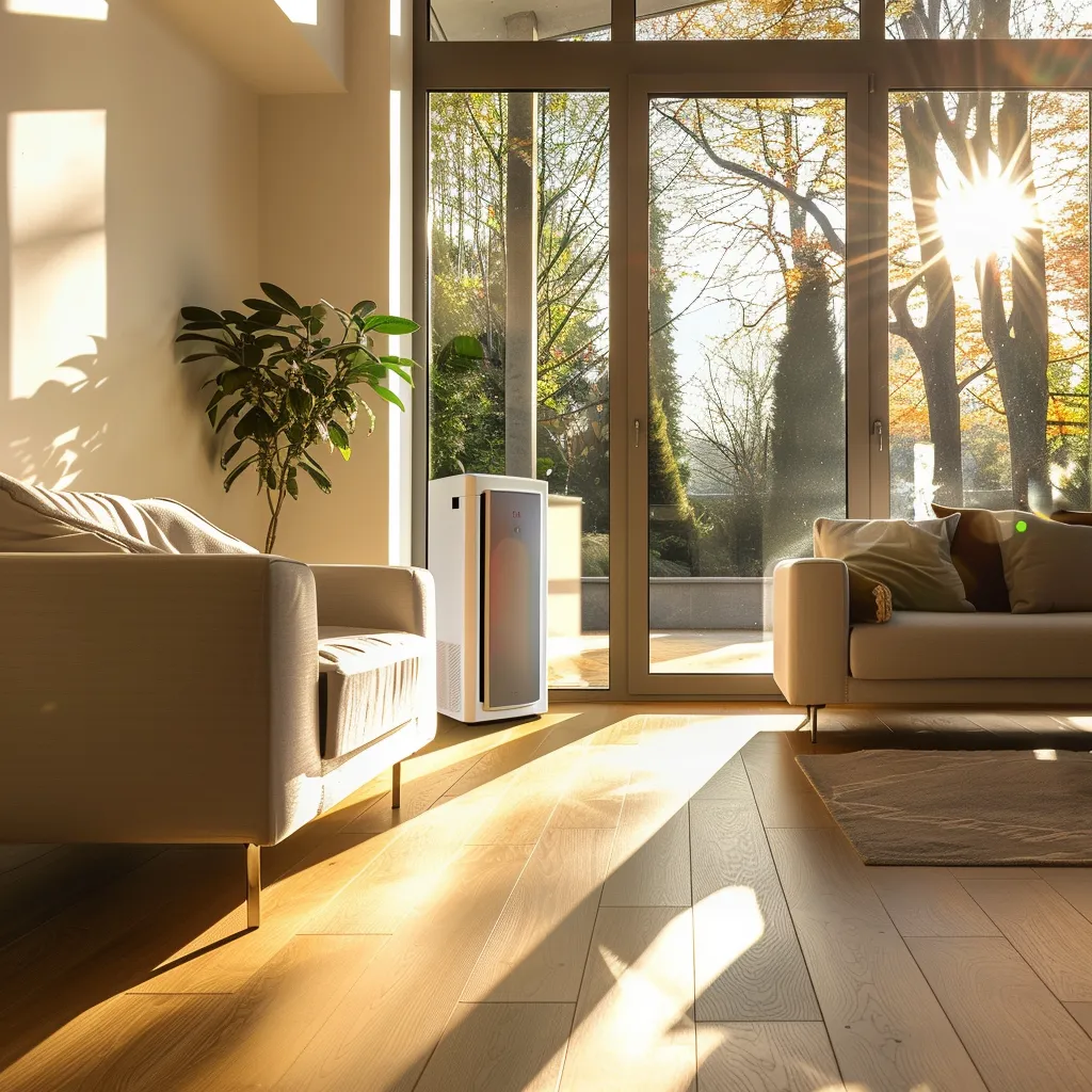 a sleek, modern living room with polished hardwood floors, showcasing a dehumidifier discreetly placed in the corner, as sunlight streams through large windows, emphasizing the importance of moisture control in maintaining floor integrity.