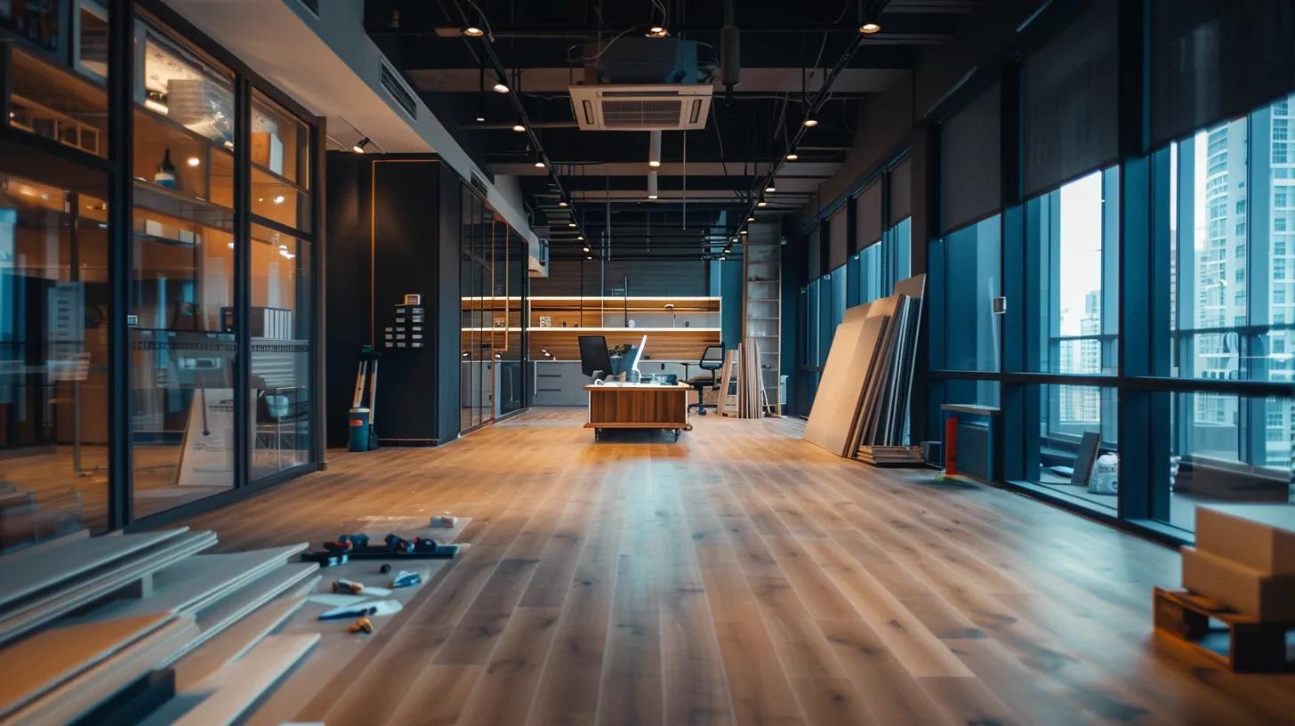 Wood Floor Finish Guide for Canton Homeowners 6 a sleek, modern office space showcases a skilled contractor meticulously applying a professional wood floor finish, surrounded by tools and samples, highlighting the importance of expertise in home improvement.