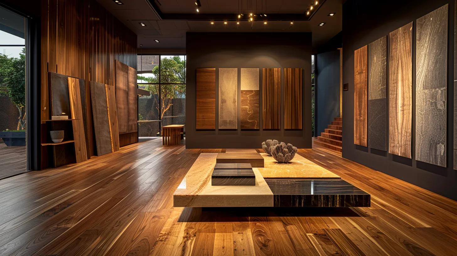 Wood Floor Finish Guide for Canton Homeowners 2 a sophisticated home interior featuring a polished wooden floor with various samples of wood finishes artfully displayed on a sleek, modern coffee table, illuminated by warm, inviting lighting to emphasize their unique textures and hues.