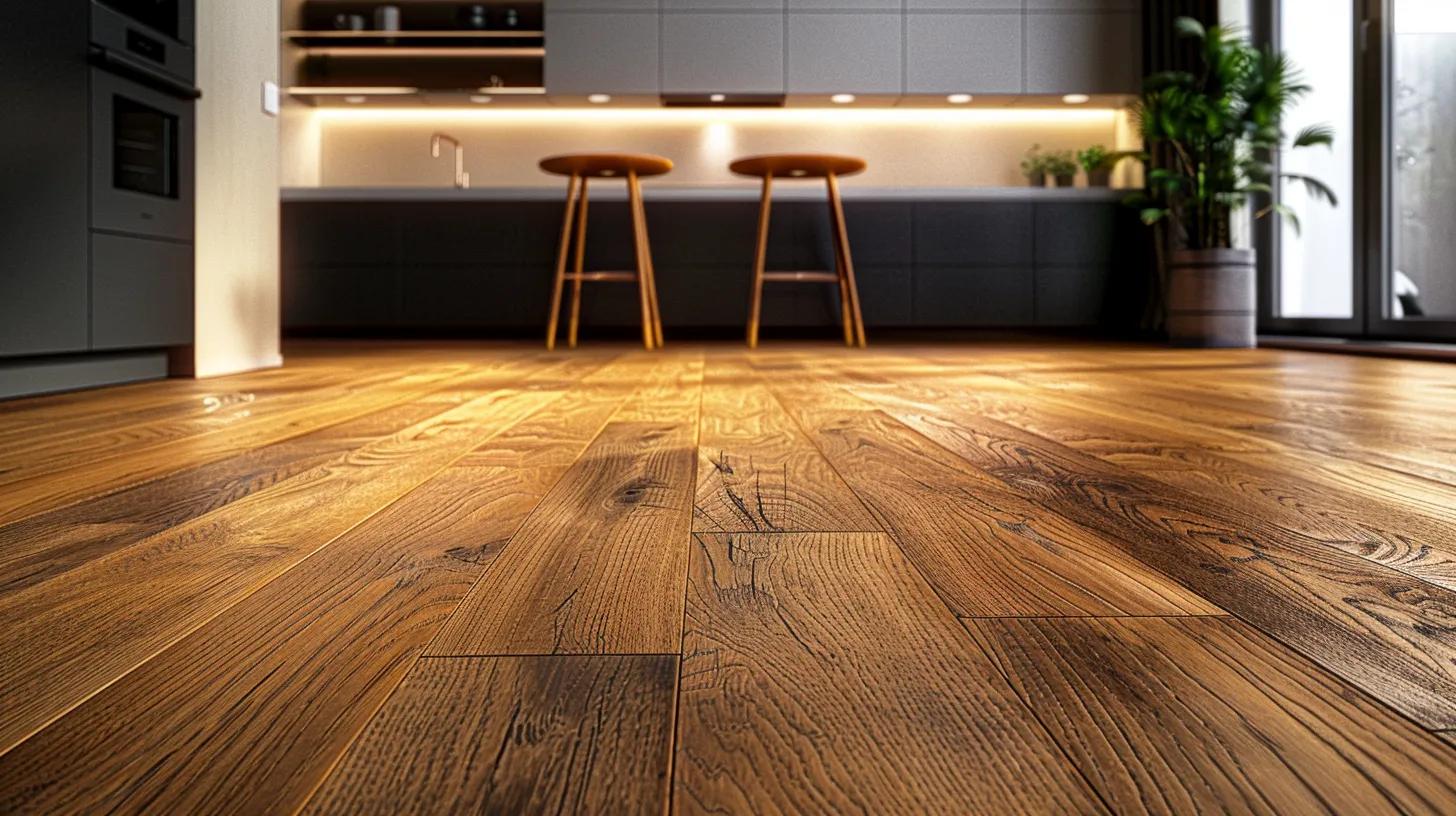 a stylish, modern kitchen with gleaming hardwood flooring, showcasing a detailed wood floor finish guide laid on a sleek countertop, illuminated by warm overhead lighting to emphasize the rich textures and colors of the wood.
