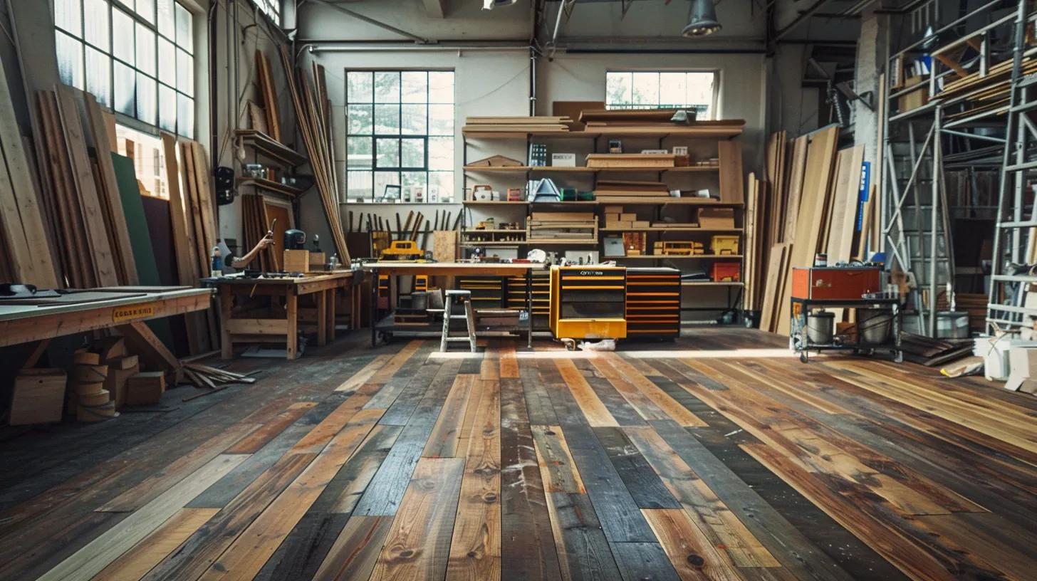 Wood Floor Finish Guide for Canton Homeowners 4 a well-equipped, modern workshop showcases a skilled artisan applying a glossy wood floor finish with precision, surrounded by tools and vibrant wood samples that highlight the artistry and technique involved.