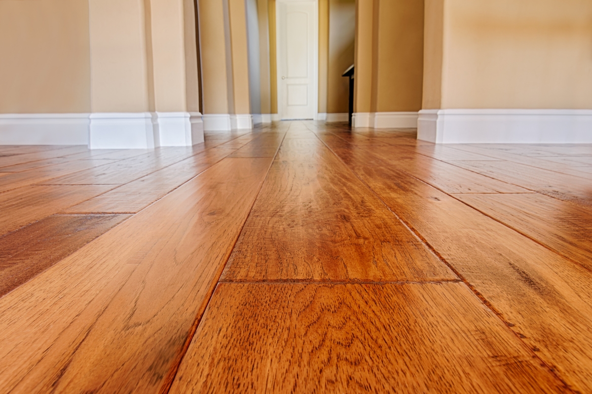 Scratch-Resistant Hardwood Floors for Cartersville Homes: Tips to Prevent Damage 7 Close-up view of scratch-resistant hardwood floors in a hallway with tan walls, white baseboards, and a closed white door at the end.