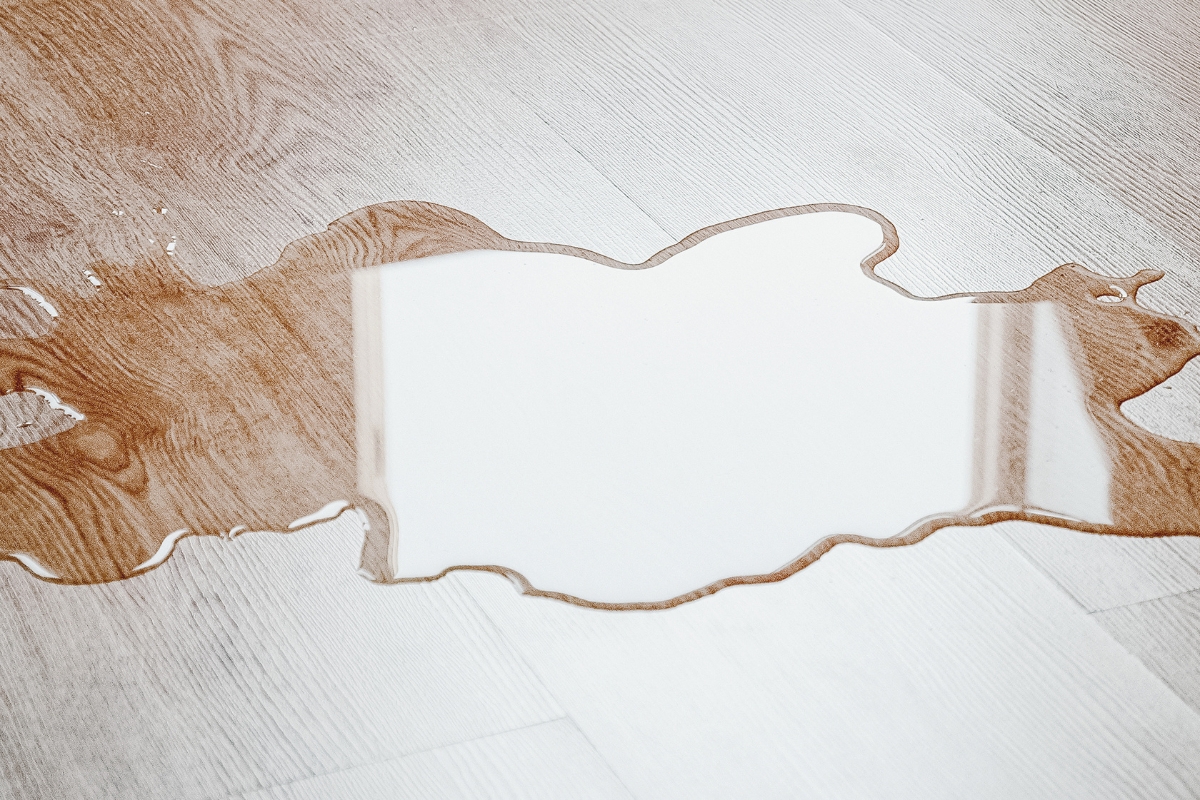 Wood Floor Refinishing in Brookhaven: Key Signs It's Time to Refinish Your Floors 5 A puddle of clear liquid is spilled on a light-colored wood floor.