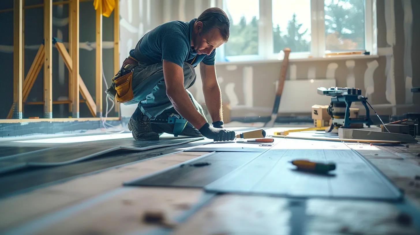 Waterproof Flooring Options for Cumming Homes: What You Need to Know 11 a modern, well-lit interior of a cumming home showcasing a professional installer meticulously laying down sleek, waterproof flooring, with tools and materials neatly organized in the background.