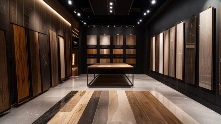 a sleek, modern interior showcasing a variety of elegant waterproof flooring samples, arranged meticulously on a polished showroom floor illuminated by bright overhead lighting, emphasizing the durability and style suited for contemporary homes in cumming.