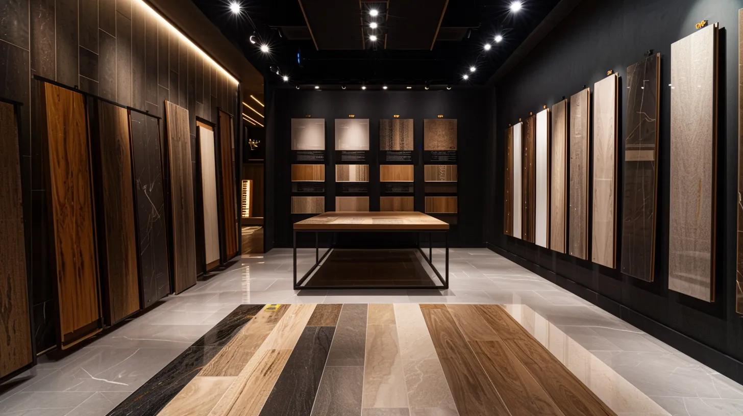 a sleek, modern interior showcasing a variety of elegant waterproof flooring samples, arranged meticulously on a polished showroom floor illuminated by bright overhead lighting, emphasizing the durability and style suited for contemporary homes in cumming.