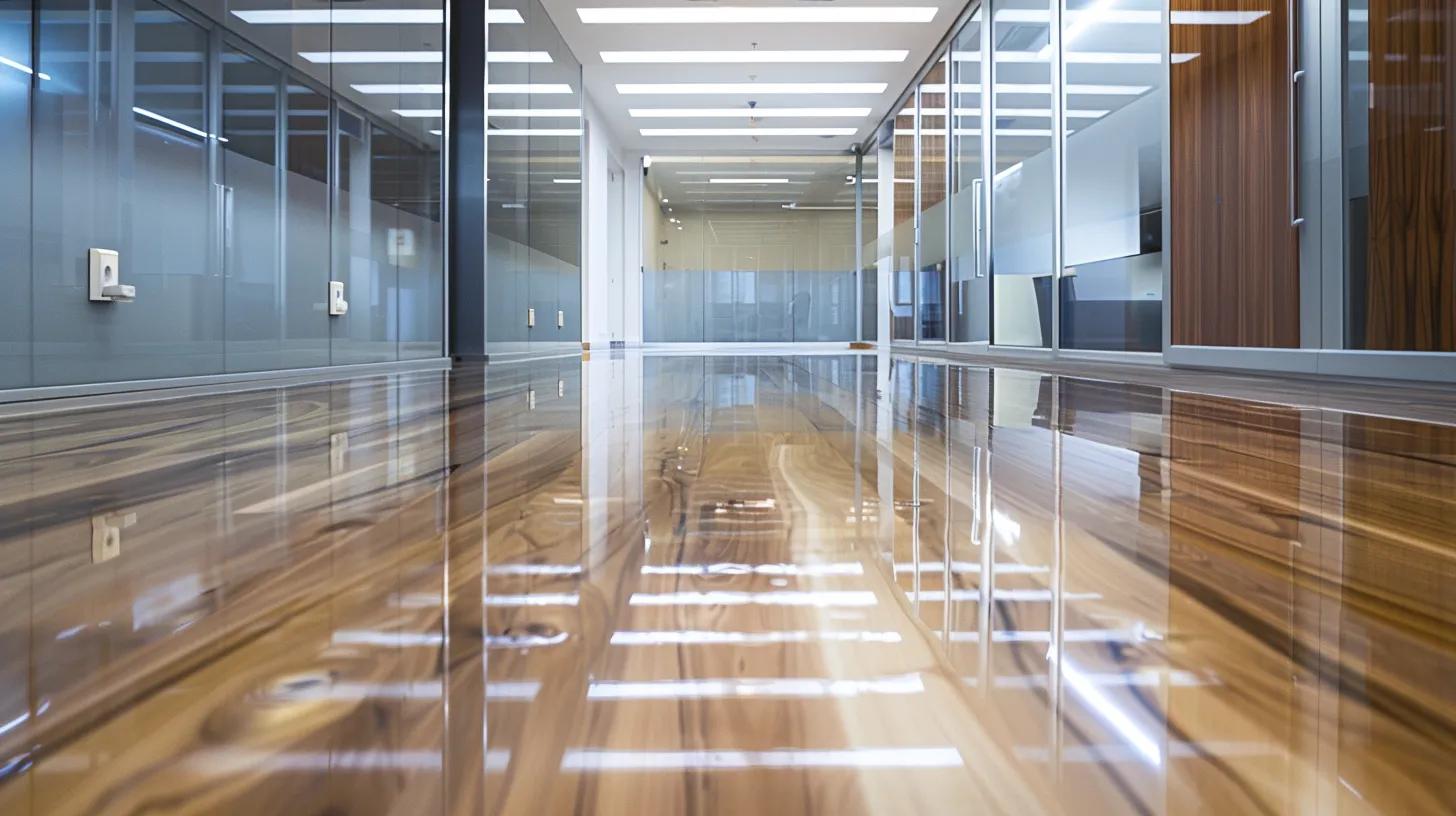 Waterproof Flooring Options for Cumming Homes: What You Need to Know 9 a sleek, modern office interior showcases a luxurious waterproof flooring installation, highlighting the seamless wood-textured surface that reflects overhead lighting, symbolizing efficiency and resilience against water damage.