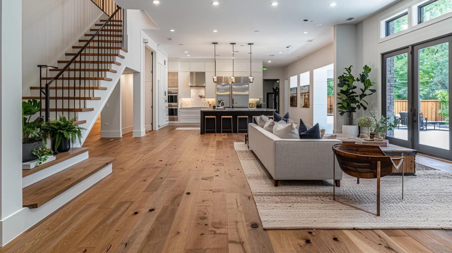 Engineered Hardwood vs. Solid Hardwood: Which is Better for Dallas Homes? 11 a beautifully designed dallas home interior featuring polished solid hardwood flooring, showcasing its authentic beauty and durability against a backdrop of minimalist modern decor.