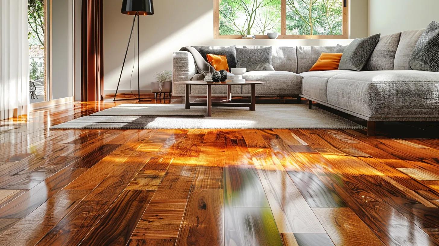 Engineered Hardwood vs. Solid Hardwood: Which is Better for Dallas Homes? 15 a stylish, modern dallas living room showcases a polished hardwood floor, with a striking contrast between richly textured solid hardwood on one side and sleek engineered hardwood on the other, allowing potential buyers to visualize their choice in luxury and comfort.