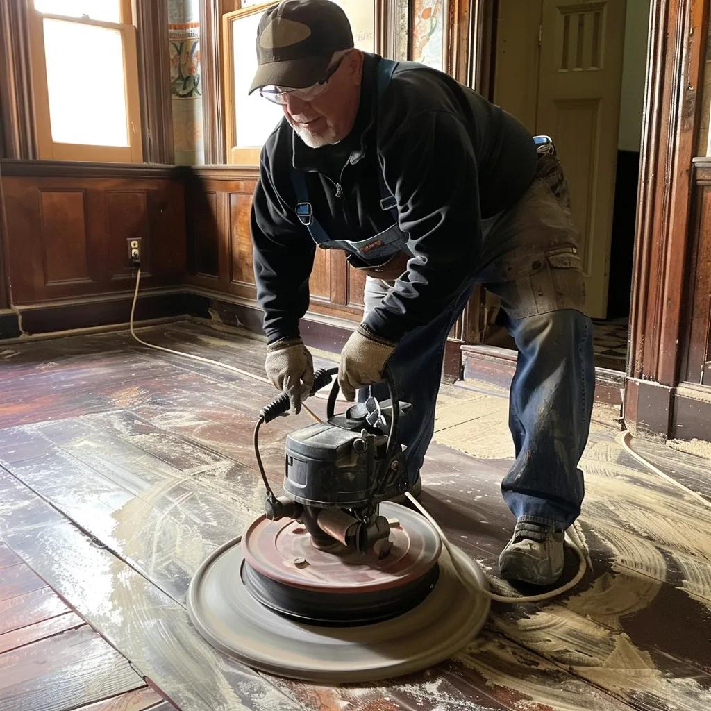 How to Restore Hardwood Floors in Older Decatur Homes Without Damaging Them 7 Professional using dustless sanding equipment in a historic home, showcasing preservation techniques