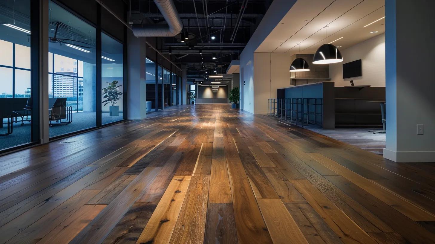 Engineered Hardwood vs. Solid Hardwood: Which is Better for Dallas Homes? 13 a sleek, modern office space in dallas, showcasing a side-by-side comparison of engineered and solid hardwood flooring, highlighting their distinct textures and finishes under crisp, artificial lighting.