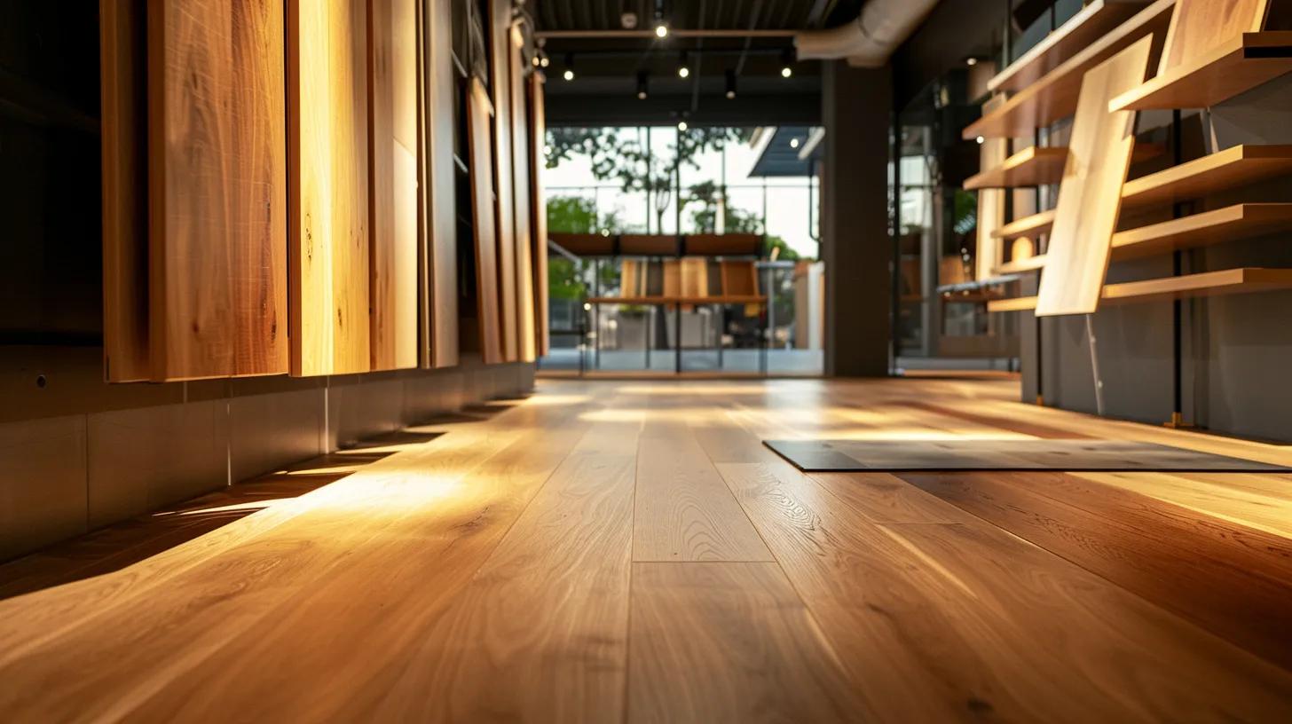 Engineered Hardwood vs. Solid Hardwood: Which is Better for Dallas Homes? 9 a sleek, modern showroom showcasing polished engineered hardwood and solid hardwood flooring options, illuminated by warm, ambient lighting, with each sample highlighting the distinct textures and grains against a minimalist backdrop.