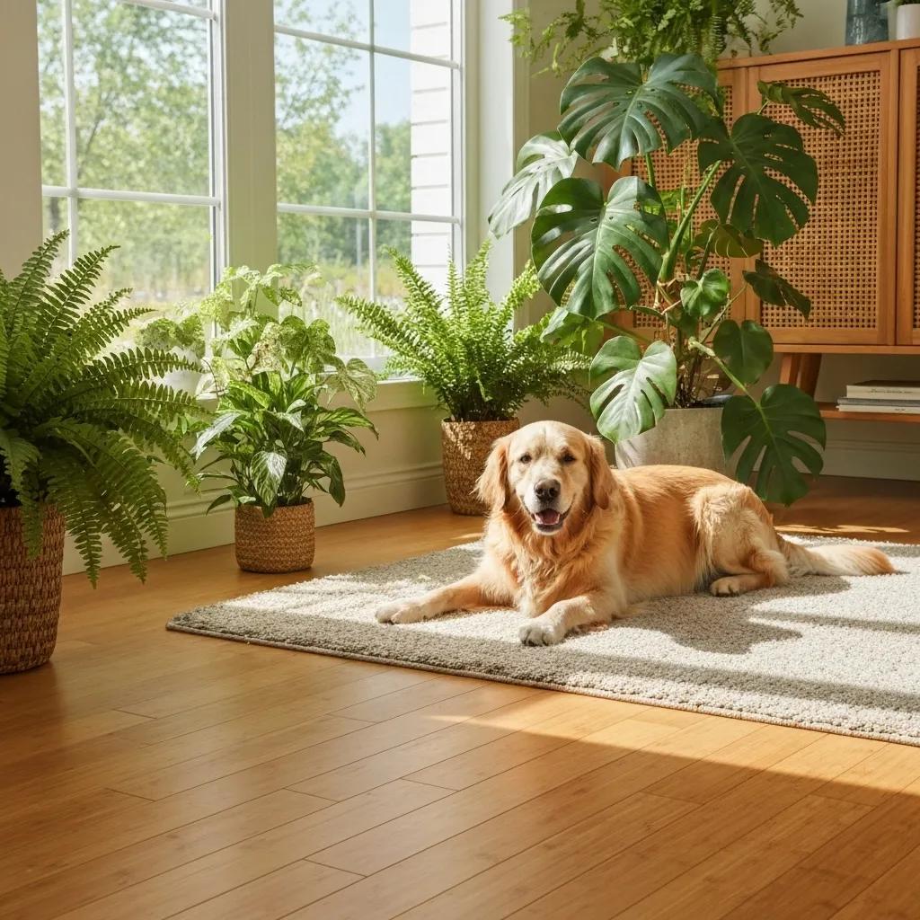Pet-Friendly Flooring: Best Choices for Pet Owners in Hiram, GA 4 A dog relaxing on comfortable bamboo flooring in a bright, eco-friendly home
