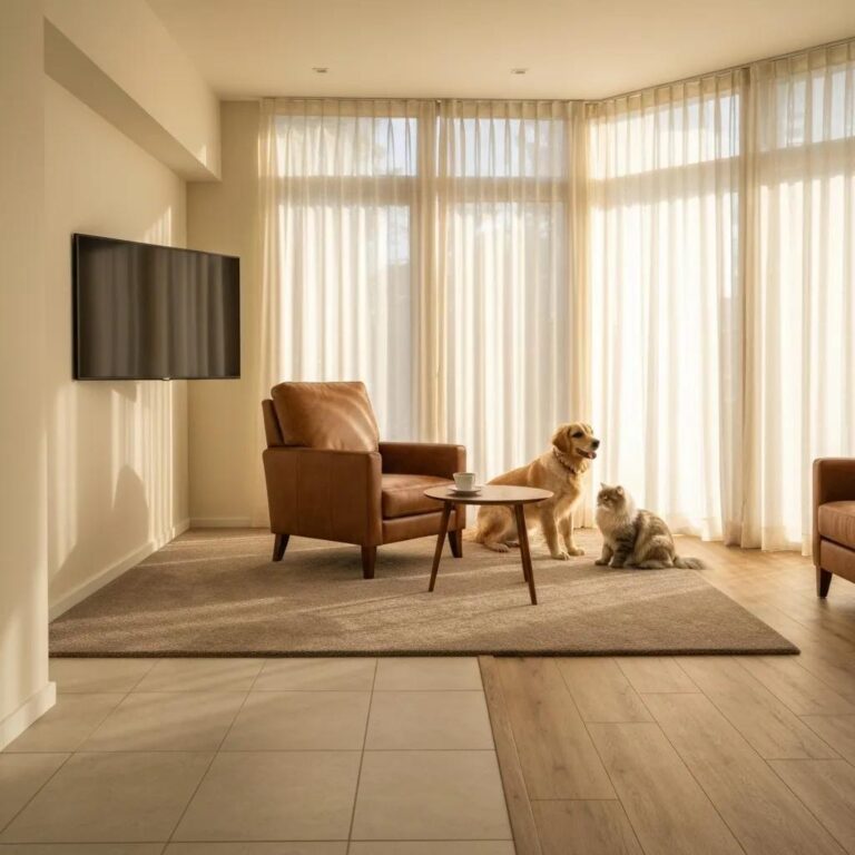 Cozy living room with pet-friendly flooring options showcasing a dog and cat playing