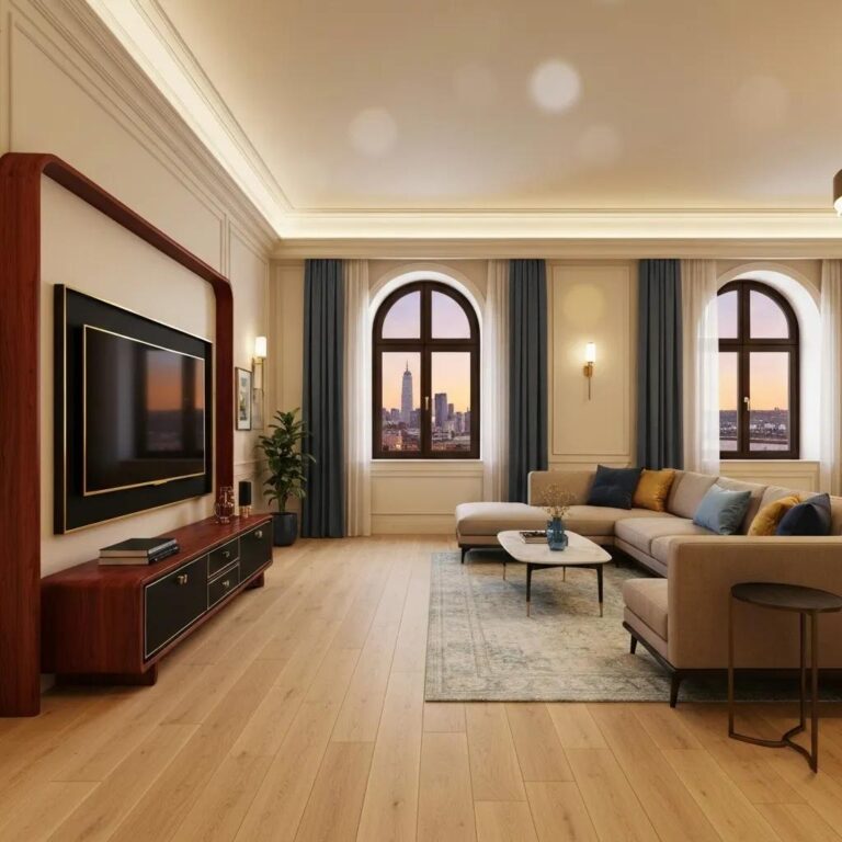 Wide plank hardwood flooring in a stylish living room, emphasizing natural beauty and warmth