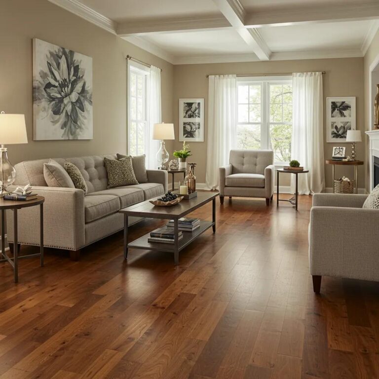 Stylish living room with various hardwood floor stain colors showcasing warm honey and dark espresso tones
