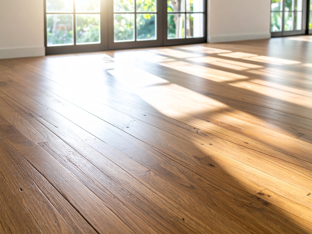 Sunlight streams through large glass doors onto a clean, polished wooden floor in an empty room—an ideal space to fix squeaky wood floors and maintain their flawless appearance.