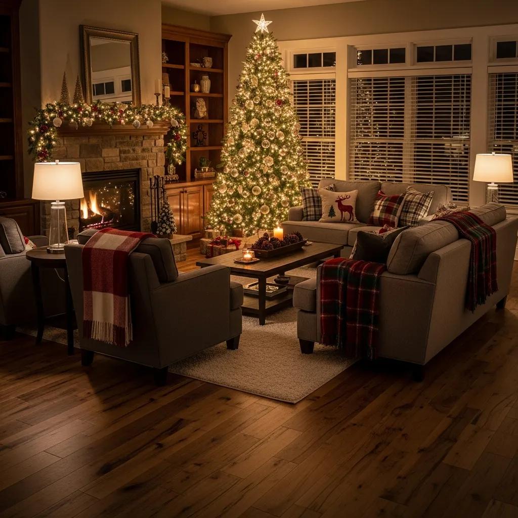 Cozy living room with hardwood floors and holiday decorations