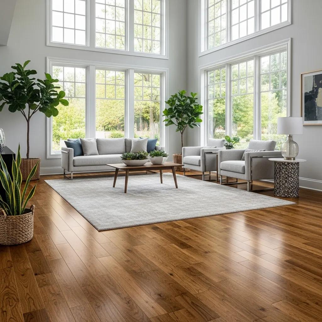 Modern living room with hardwood flooring, showcasing the appeal of flooring upgrades for home value