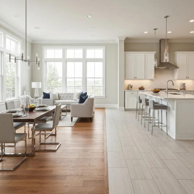 Open-concept living space with various flooring options showcasing hardwood, luxury vinyl plank, and porcelain tile