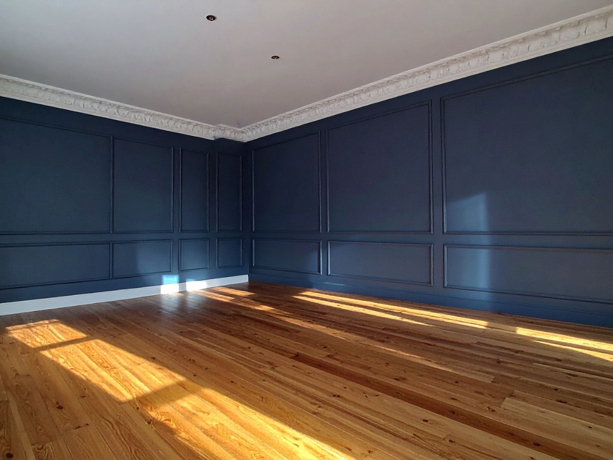 Empty room with dark blue paneled walls, white decorative crown molding, wooden floor, and sunlight streaming in through an unseen window—perfect for following an Acclimation Guide before moving in furniture.
