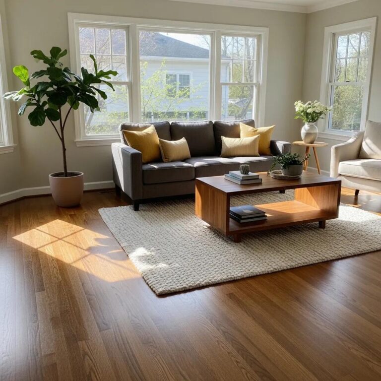Cozy living room featuring newly installed hardwood flooring, modern gray sofa with yellow accent pillows, wooden coffee table, and natural light streaming through large windows.