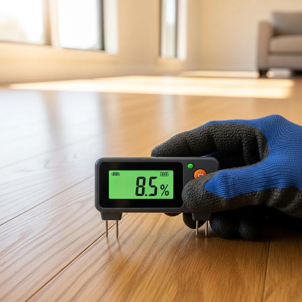 Moisture meter measuring hardwood flooring moisture content, highlighting the importance of stability