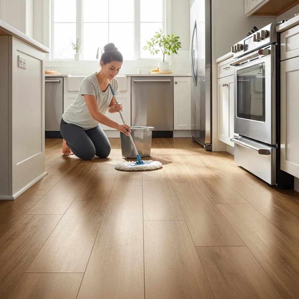 Person cleaning vinyl plank floor with a damp mop in a modern kitchen, illustrating effective maintenance tips