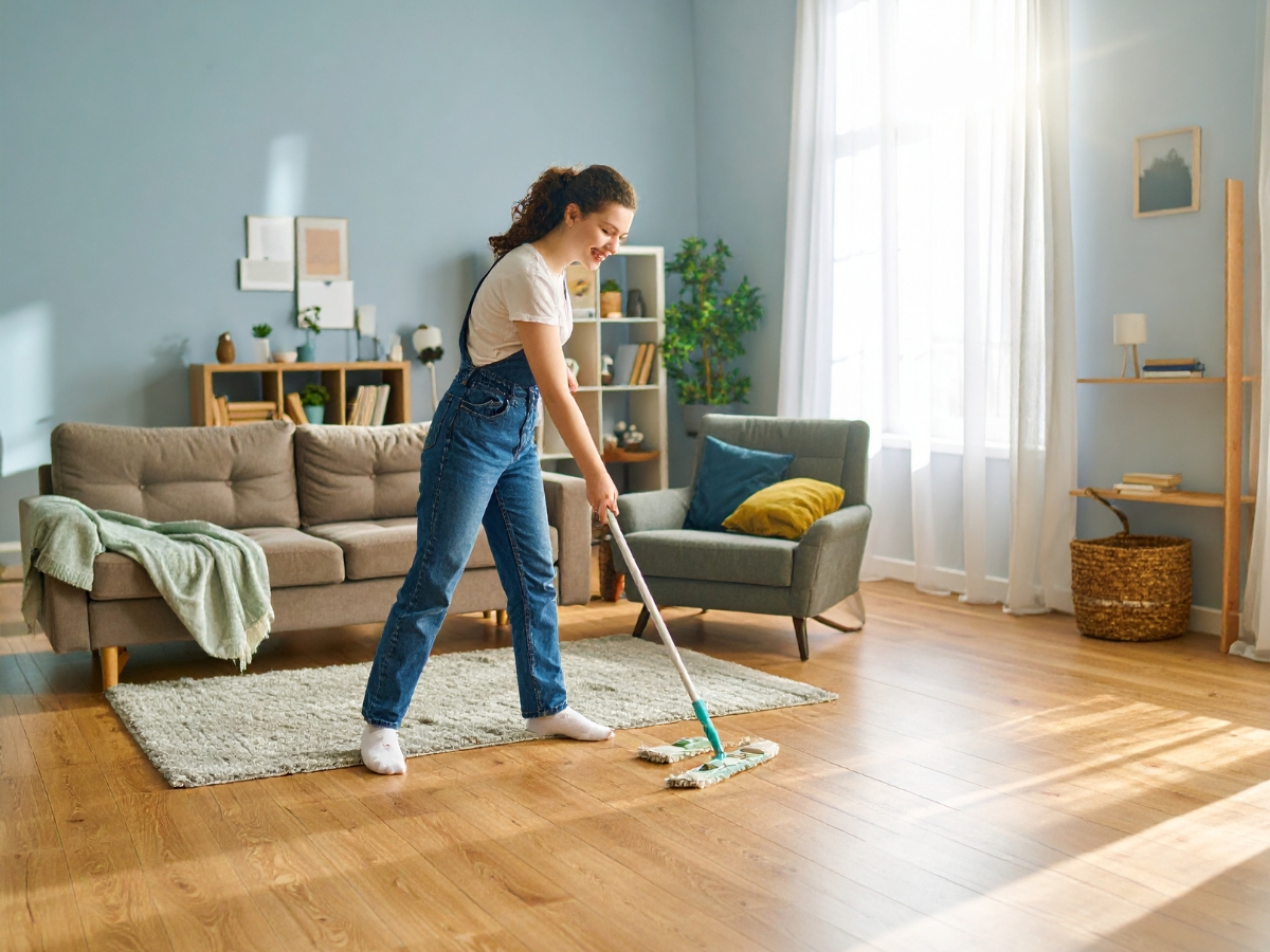 Woman mopping the wooden floor of a bright living room with modern decor, sunlight streaming through large windows, as part of her post install checklist to ensure everything is spotless.