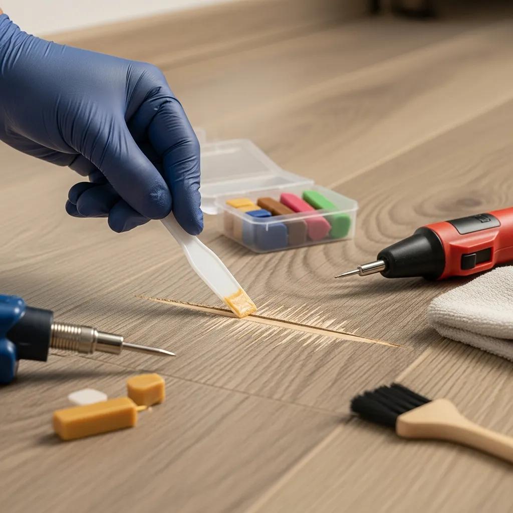 Close-up of a hand repairing a scratch on laminate flooring with a repair kit