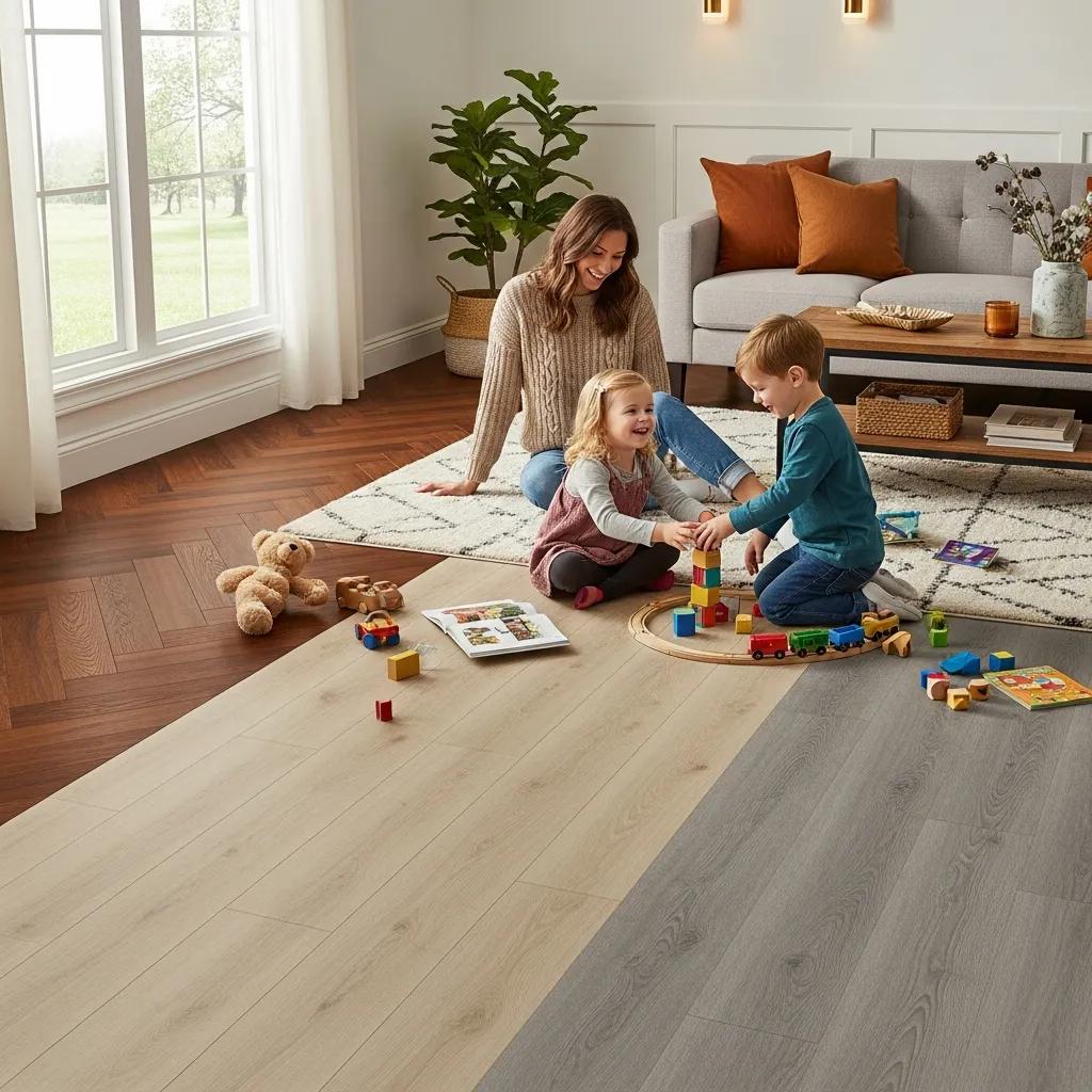 Cozy living room with durable flooring options, showcasing family-friendly and scratch-resistant features