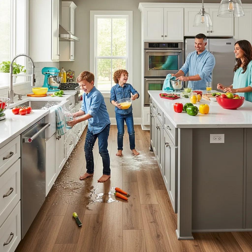 Modern kitchen with waterproof luxury vinyl plank flooring, highlighting benefits for busy households