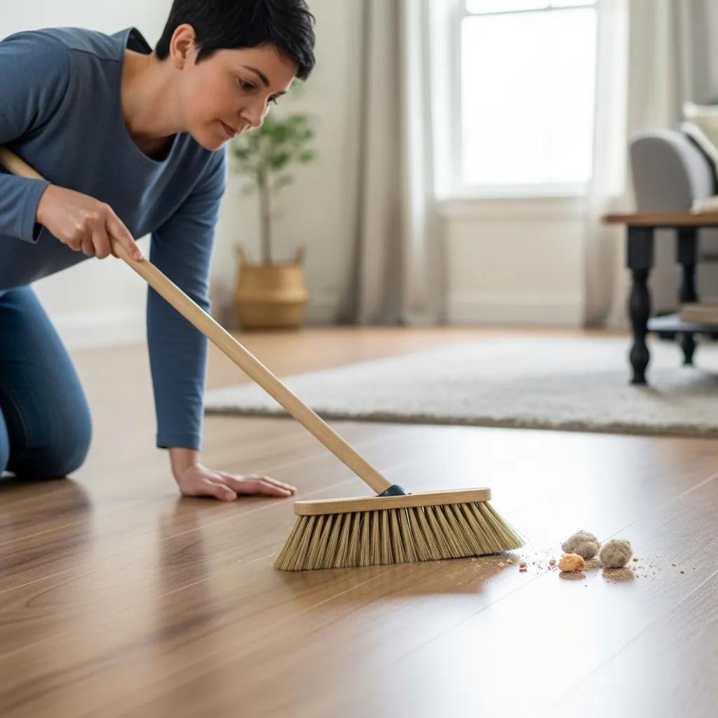Person sweeping laminate floors with a soft-bristle broom in a clean room