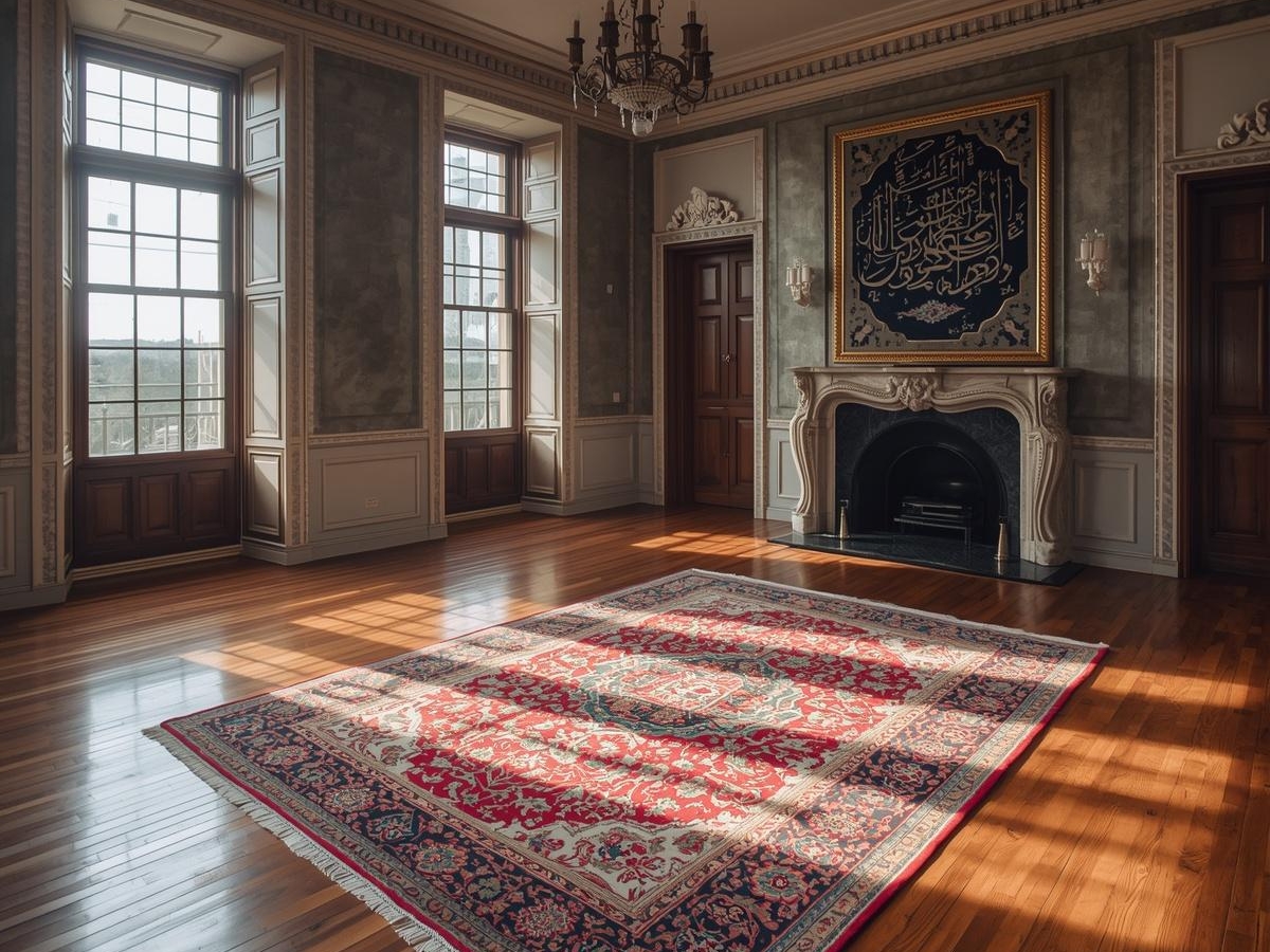 How Transitional Flooring Blends Traditional and Modern Style 1 A spacious, elegant room with large windows, transitional flooring, a decorative rug, an ornate fireplace, and Islamic calligraphy art above the mantel.