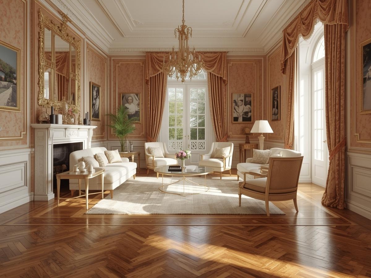 How Transitional Flooring Blends Traditional and Modern Style 2 Elegant living room with ornate moldings, a chandelier, large windows, peach drapes, classic furniture, a fireplace, and beautiful transitional flooring in a herringbone pattern.