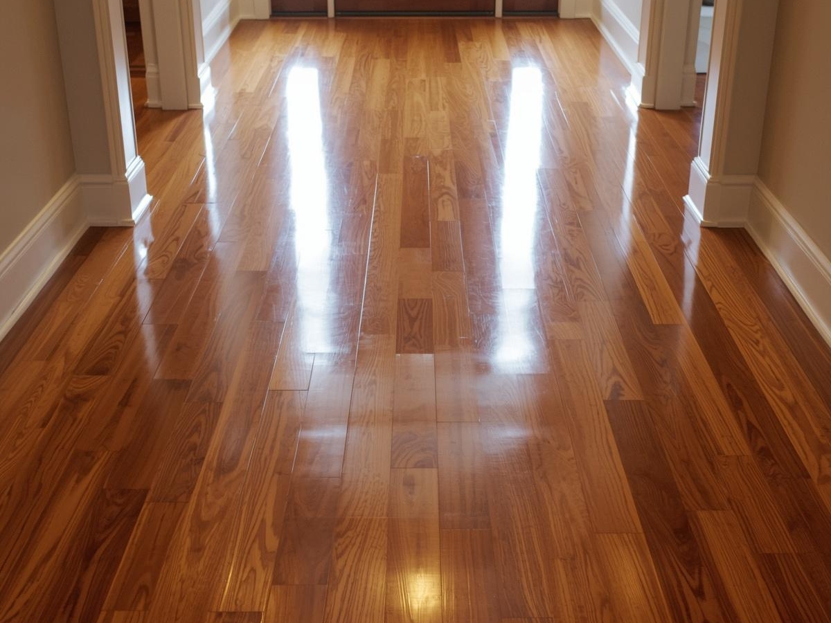 How Transitional Flooring Blends Traditional and Modern Style 5 Hallway with polished hardwood floors featuring transitional flooring details, reflecting light from windows at the far end, bordered by white trim and beige walls.