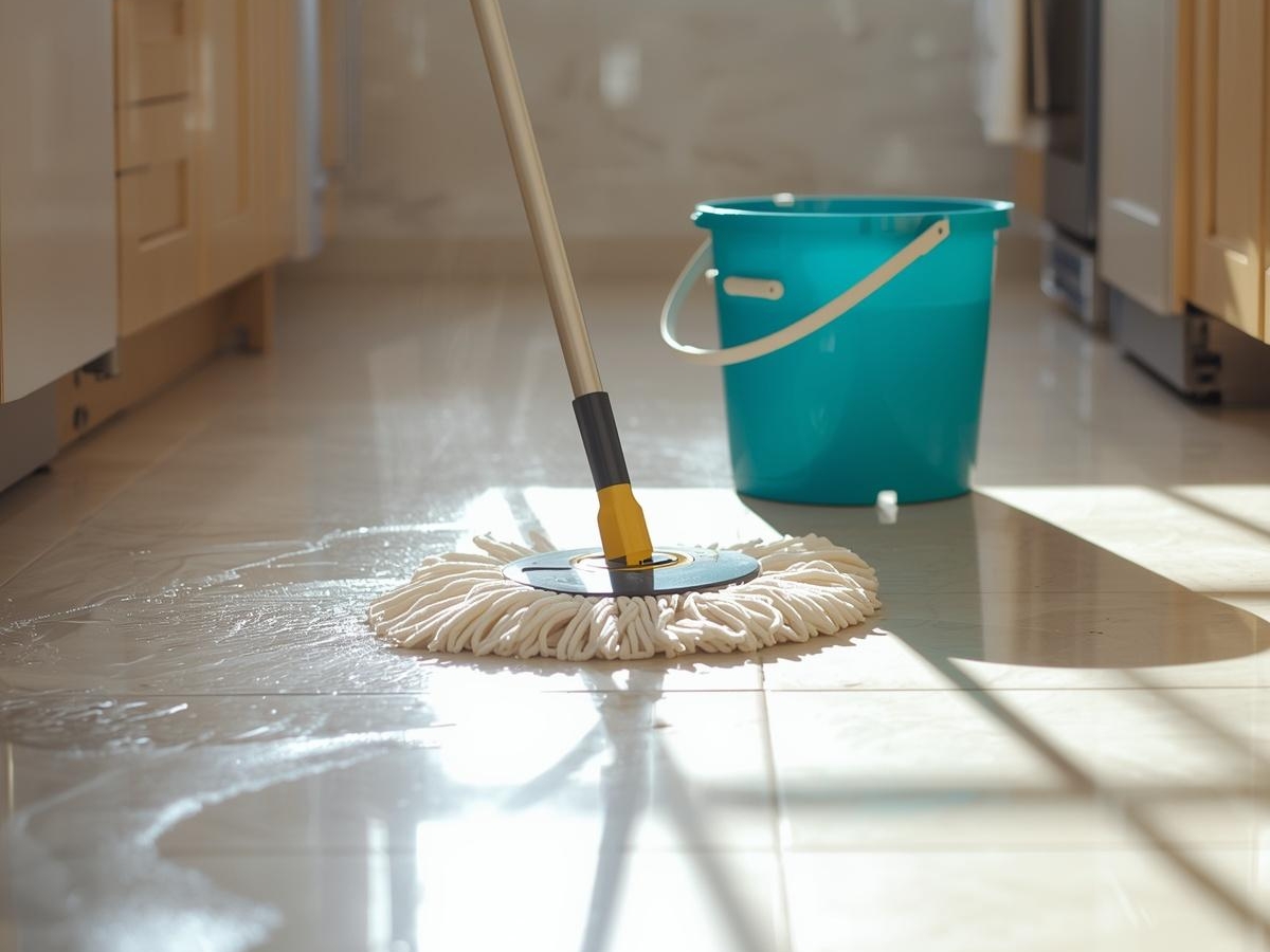 How Transitional Flooring Blends Traditional and Modern Style 6 A mop cleaning a wet kitchen floor with a blue bucket in the background highlights the ease of maintaining transitional flooring.