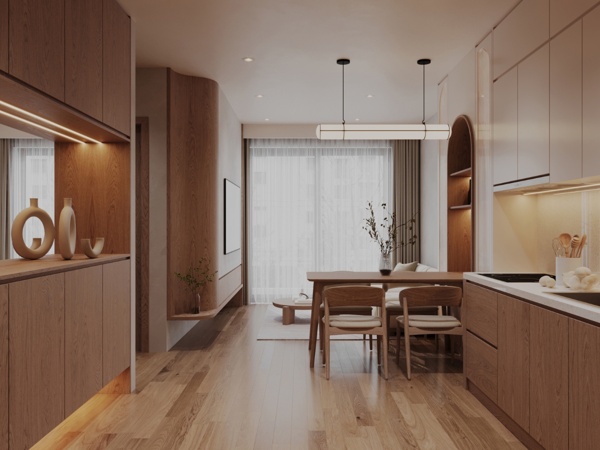 Modern dining and kitchen area with transitional flooring, minimalist furniture, neutral tones, and natural light streaming through large windows with sheer curtains.