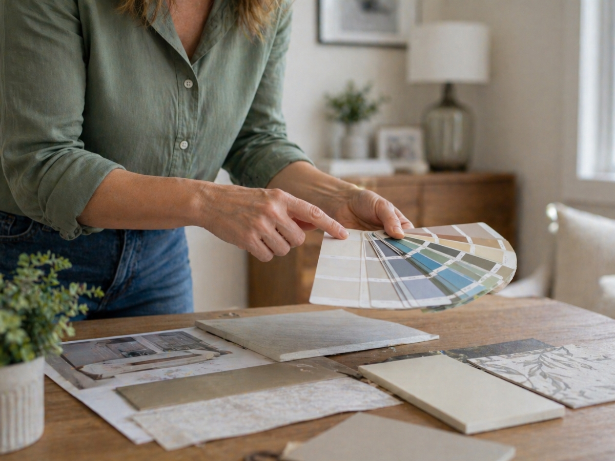 A person in a green shirt practices color matching as they select a swatch from a palette while reviewing tile samples on a wooden table in a well-lit room.