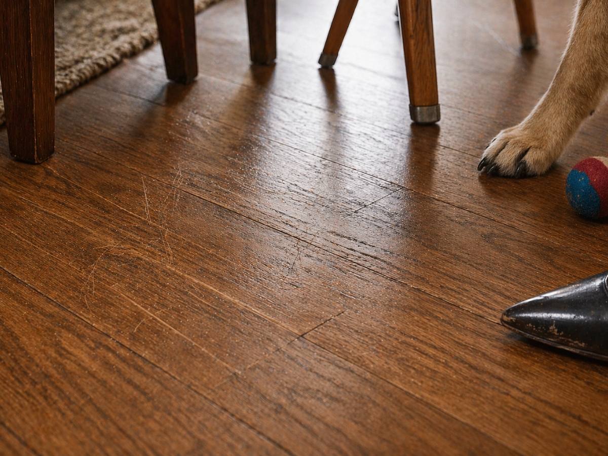 Close-up of a scratched wooden floor with furniture legs, a dog's paw, a toy ball, and a shoe partially visible—highlighting the need for furniture protection.