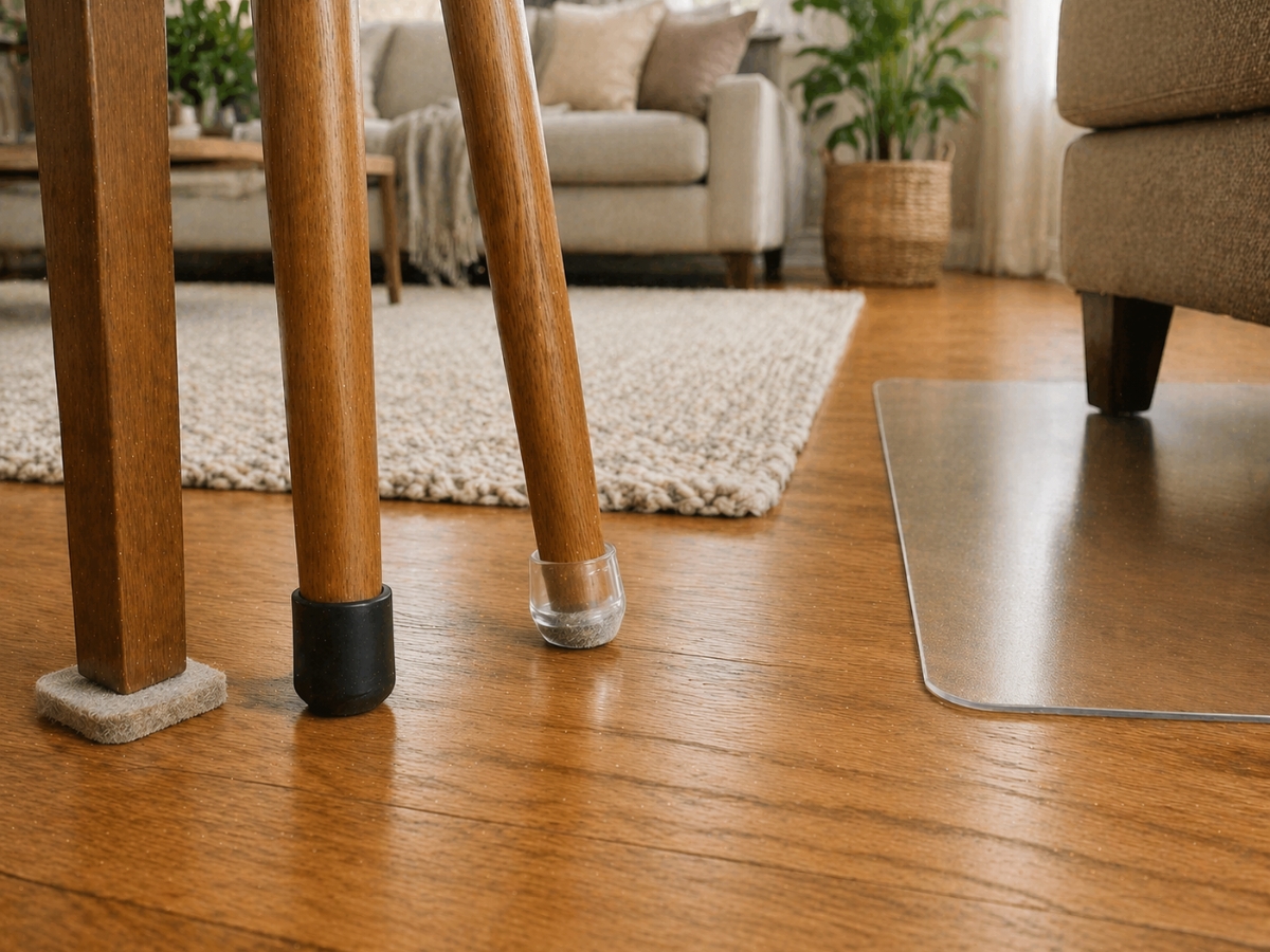 Close-up of three wooden chair legs with different floor protectors on a hardwood floor, highlighting furniture protection, with part of a living room and rug in the background.